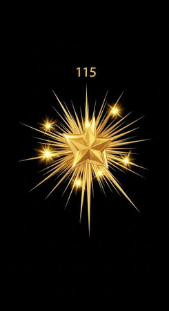 A bright golden star explodes in a burst of light on a dark background with the number 115 above it