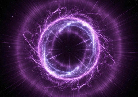 A vibrant purple energy circle glows in the dark space with bright lights and stars around it