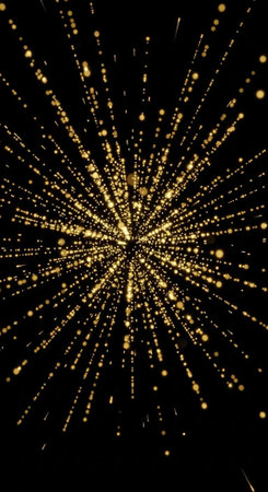 A vibrant display of golden sparks radiating outward against a dark backgroundの写真素材