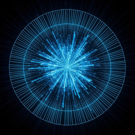 A futuristic blue graphic design with lines radiating from the center in a circular pattern on a...