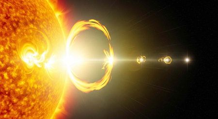 A stunning visual representation of the sun with a large solar flare and corona in space