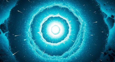 A vibrant blue circular pattern radiates from a bright center in a mesmerizing display of light and...