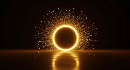 A bright glowing circle radiates light and energy in a dark space with a reflective surface