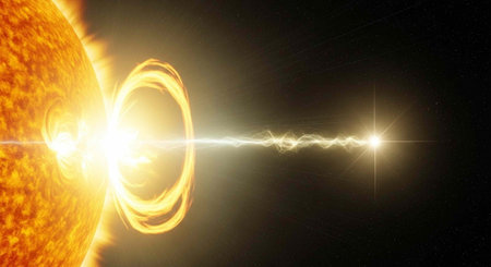 A stunning visual representation of the sun with a vibrant ring and beam of light in space