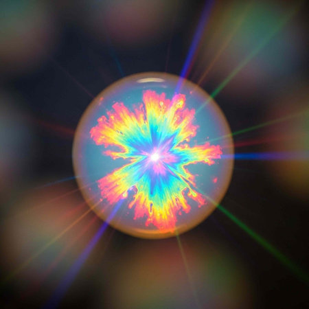 A vibrant and colorful abstract image of a sphere with rainbow light effects on a dark background