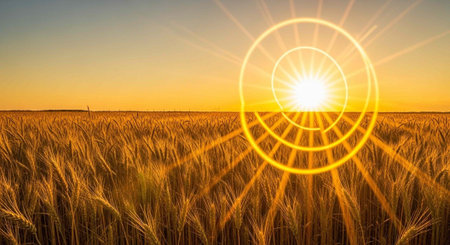 A serene wheat field at sunset with a bright sun shining down