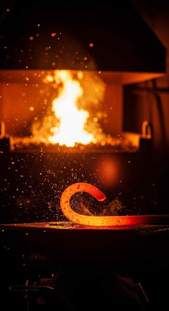 A glowing piece of metal is shaped in a fiery workshop with sparks flying everywhere around it.の写真素材