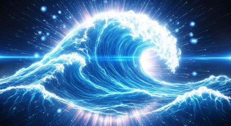 A vibrant and dramatic illustration of a glowing blue ocean wave in a dark space backgroundの写真素材