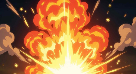A vibrant cartoon illustration of a massive explosion in the night sky with bright flames and smoke