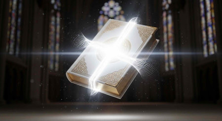 A glowing book floats in mid-air within a church with stained glass windows shining brightly
