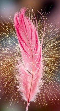 A delicate pink feather sparkles with golden light in a mesmerizing display of beauty and wonder.の写真素材