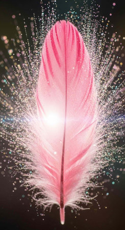 A delicate pink feather surrounded by sparkling glitter and light on a dark backgroundの写真素材