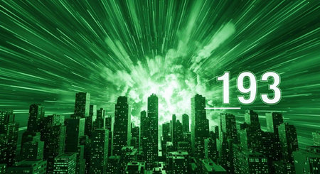 A futuristic cityscape with a green glow and a prominent number 193 in the sky