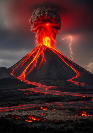 A dramatic volcanic eruption with lava flows and lightning in a dark and ominous landscape