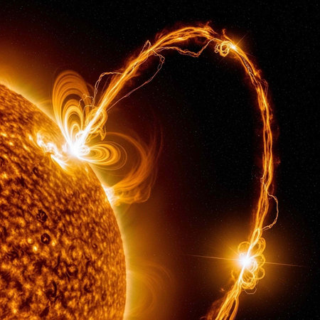 A stunning visual representation of the sun's corona with vibrant orange solar flares erupting into...