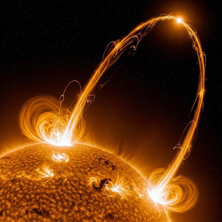 A vibrant and dramatic image of the sun with swirling solar flares and a bright corona in space