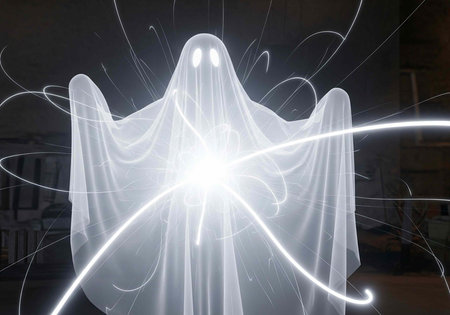 A ghostly figure with glowing eyes and a white sheet stands in a dark room with light trails