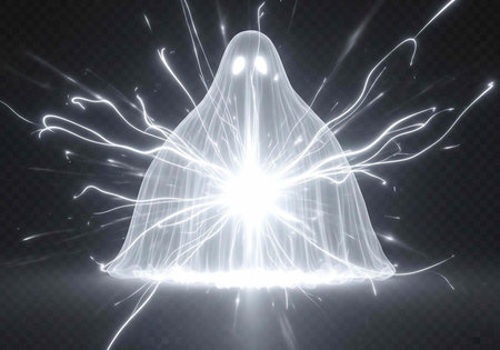 A glowing ghostly figure with electric sparks emanating from its body in a dark background