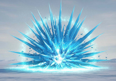 A vibrant blue ice explosion in a serene natural landscape with a peaceful atmosphere and dramatic lightingの写真素材