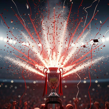 A shiny trophy is celebrated with fireworks and confetti in a packed stadium with cheering fans