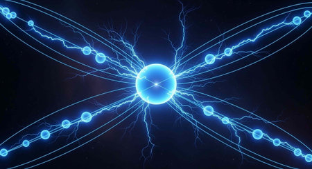 A glowing blue orb emitting vibrant electric discharges and lightning bolts in a dark background