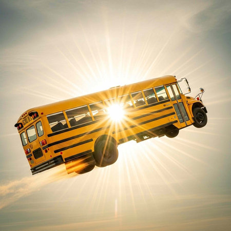 A yellow school bus flying through the air with the sun shining behind it