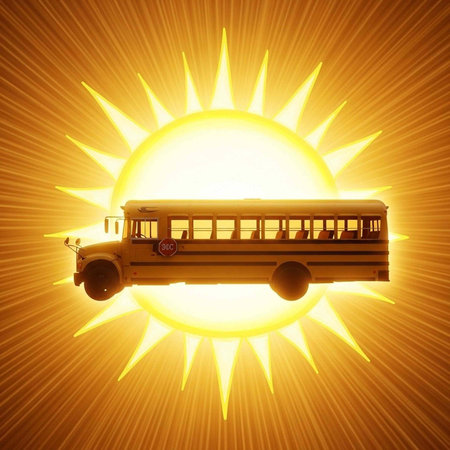 A school bus driving in front of a bright sunny background with yellow rays