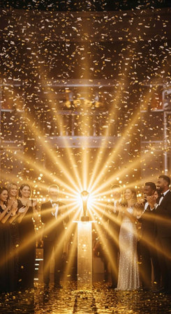 A newlywed couple stands under a bright light surrounded by confetti and their friends at a wedding...