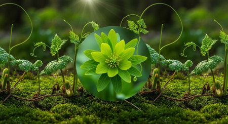 A vibrant green flower blooms in a lush forest surrounded by moss and tiny plants in natural light.