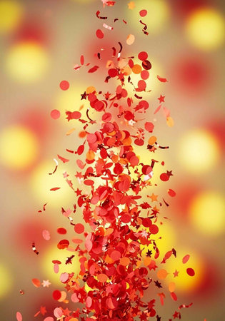A vibrant display of red confetti and stars against a blurred background of bright lights and colorsの写真素材
