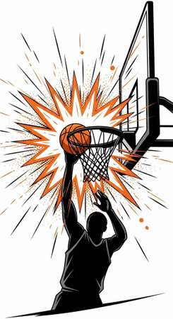 A basketball player in action, dunking the ball into the hoop with explosive energy and movement.