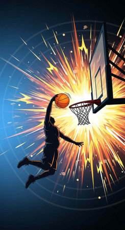 A basketball player in mid-air, dunking the ball into the hoop with a burst of energy and light