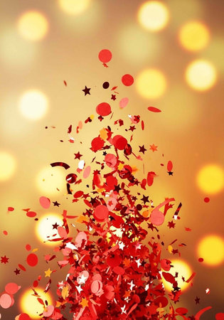 A vibrant celebration scene with red confetti and stars exploding in the air against a warm golden backgroundの写真素材