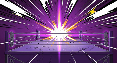 A vibrant purple wrestling ring with a bright light shining in the center, surrounded by dynamic...