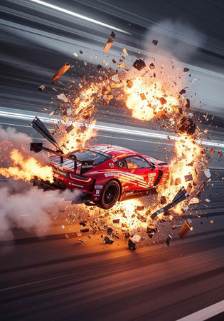 A red sports car crashes and explodes on a racetrack with flames and smoke everywhere