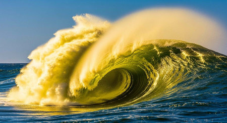 A powerful wave crashes in the ocean with a clear blue sky in the background