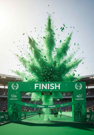 Runners cross the finish line in a marathon with a green explosion of confetti in the air