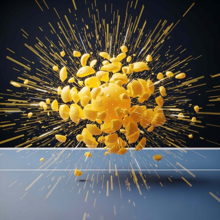 A vibrant yellow explosion of fragments on a sleek blue surface with a dark background