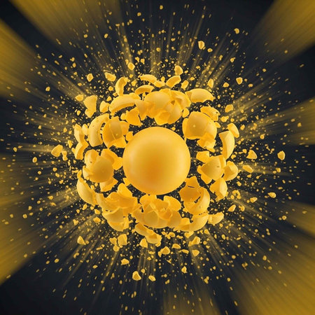 A vibrant yellow explosion of fragments and particles against a dark background