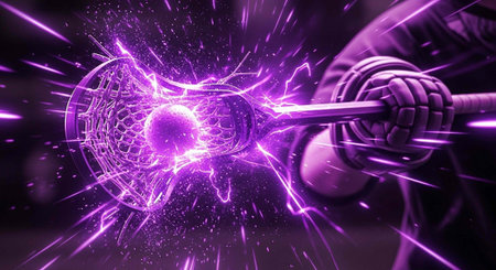 A powerful hand holds a glowing purple hammer with electric sparks flying everywhere in a dark backgroundの写真素材
