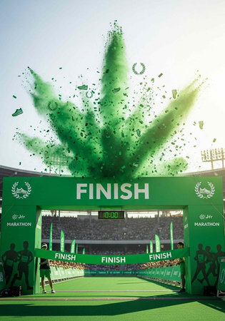 A vibrant green finish line with a runner crossing it in a stadium