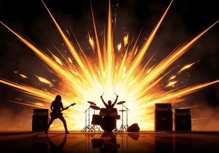 A rock band performs on stage with a dramatic explosion of light and energy behind them.