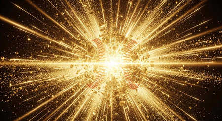 A vibrant and dynamic explosion of golden light and energy radiating outward in all directions.