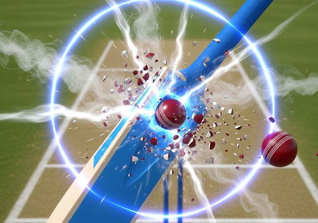 A dramatic cricket ball hits a blue wicket on a green field with a bright light effect
