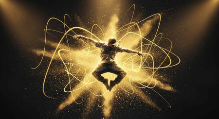 A man in a yoga pose surrounded by vibrant golden light and energy lines in a dark space