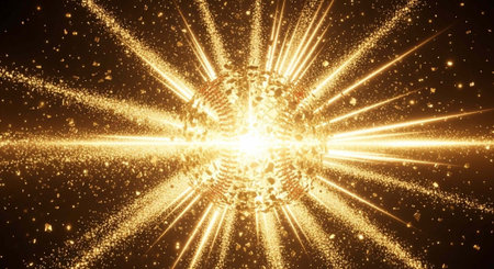 A bright and vibrant golden light explodes in a dark background with rays of light and sparkles