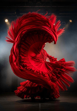 A flamenco dancer wearing a vibrant red dress with feathers performs on a dark stage with spotlights