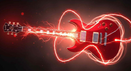 A red electric guitar with glowing red lights and a dark background, emitting an energetic vibe.の写真素材