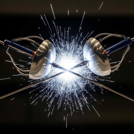 Two fencing swords clash in a burst of sparks on a dark background