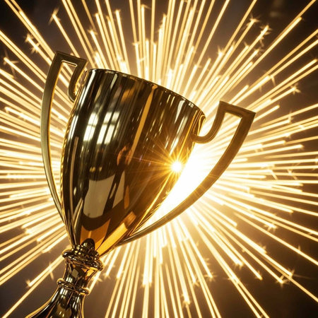 A shiny gold trophy cup with handles stands in front of a vibrant sparkling light backgroundの写真素材